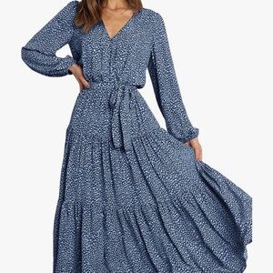 PRETTYGARDEN Womens Spring Long Sleeve Wrap V Neck Ruffle Floral Maxi Dress Casu